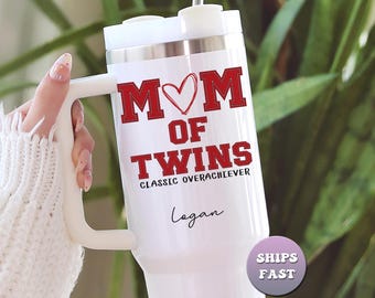 Mom of Twins Tumbler, Personalized Custom Gift for Twin Mom, 40oz To Go Cup With Handle & Straw, New Mom Gift