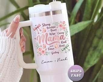 Personalized Mama Tumbler with Kids Names, Custom 40oz Floral Mom Gift Cup, Engraved Grandparent Travel Mug with Handle