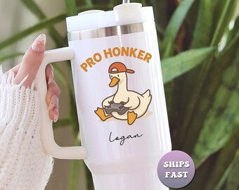 Personalized Gamer Duck Tumbler, Custom Pro Honker Goose Travel Mug Gift, 40oz Insulated Cup With Handle & Straw