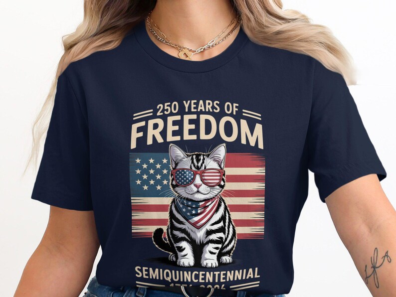 250 Years of Freedom T-shirt, SemiQuincentennial Anniversary Shirt, Cat with Sunglasses, Patriotic American Flag, USA Independence