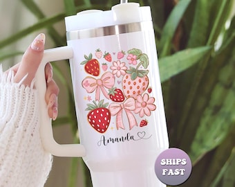 Custom Strawberry Tumbler 40oz Personalized Strawberry Coquette Tumbler Cup With Name Strawberry Lovers Gifts Travel Mug With Handle & Straw