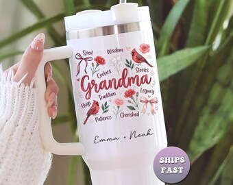 Personalized Grandma Tumbler with Kids Names, Custom Gift for Nana, 40oz Travel Mug, To Go Cup with Handle & Straw