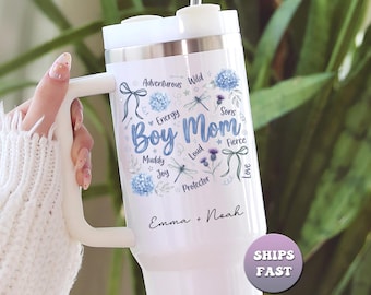 Personalized Boy Mom Tumbler, Custom Kids Names 40oz Travel Mug, Watercolor Floral Insulated Cup for Mother's Day, Boy Mama Gift with Handle