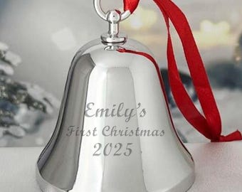 Ravanox Personalized Silver Bell Ornament, Custom Engraved 3.25&quot; Silver Bell Christmas Ornament for Christmas Tree, Holiday 2025