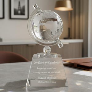 Personalized 6" Crystal Spinning Globe Award Statue, Custom Engraved Glass Award for Appreciation, Recognition, Retirement, World's Best imagen 4