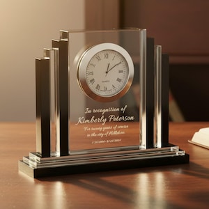 Ravanox Personalized 6" Clear Crystal Desk Clock with Black Trim Award, Custom Engraved Glass Clock for Employee Appreciation, Recognition