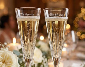 Vera Wang Wedgwood Personalized Duchesse Toasting Flutes, Set of 2 Custom Engraved Cut Crystal Champagne Flutes for Wedding, Anniversary