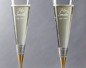 Copas de champán para boda Vera Wang Wedgwood personalizadas con amor, juego de 2 copas de champán grabadas personalizadas para los novios.