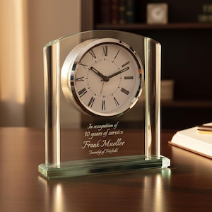 Ravanox Personalized 6 1/4" Arch Glass Clock Award, Custom Engraved Glass Desk Clock for Employee Appreciation, Recognition, Retirement