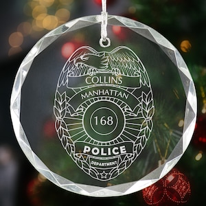 Personalized Police Badge Ornament, Custom Engraved 3.25&quot; Glass Christmas Ornament for Police Officers, Law Enforcement 2025