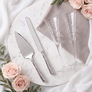 Lenox Personalized Adorn 4-Piece Wedding Bundle, Includes Custom Engraved Wedding Cake Cutting Set with Pair of 7oz Crystal Champagne Flutes