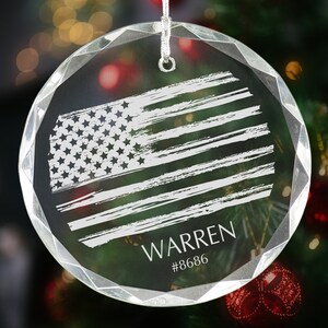 Personalized American Flag Police Ornament, Custom Engraved 3.25&quot; Glass Christmas Ornament for Police Officer Gifts, Law Enforcement 2025