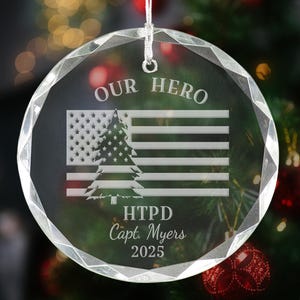 Personalized 'Our Hero' American Flag Police Ornament, Custom Engraved 3.25" Glass Christmas Ornament for Police, Law Enforcement 2026