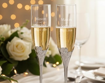 Lenox Personalized True Love Wedding Champagne Flutes, Engraved Toasting Glasses with Heart Detail, Anniversary Gift