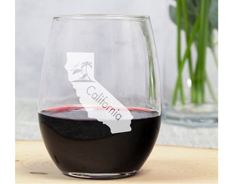 State of California Engraved 15oz Stemless Wine Glass, Custom Engraved CA US State Wine Glasses with Personalized Option