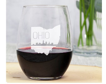 State of Ohio Engraved 15oz Stemless Wine Glass, Custom Engraved OH US State Wine Glasses with Personalized Option
