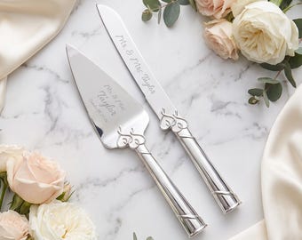 Lenox Personalized True Love Silver Wedding Cake Cutting Set, Custom Engraved Wedding Knife and Server Set for Bride and Groom