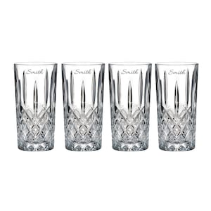 Marquis by Waterford Personalized Markham 13oz HiBall Glasses, Set of 4 Custom Engraved Crystal Tall Highball Glasses for Cocktails with Ice