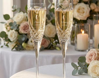 Waterford Personalized True Love Wedding Champagne Flutes, Set of 2 Custom Engraved Crystal Champagne Glasses for the Bride and Groom