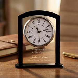 Ravanox Personalized 6 1/4" Black & Clear Square Arch Glass Clock Award, Custom Engraved Desk Clock for Employee Appreciation, Retirement