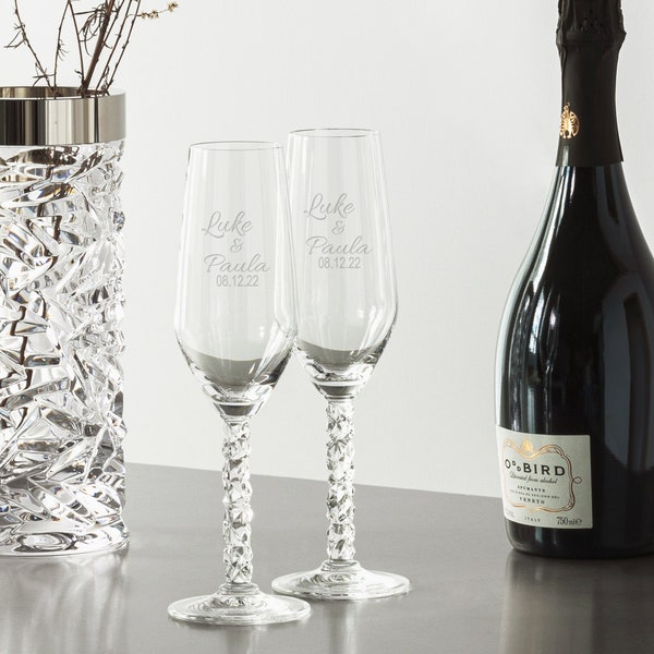 Orrefors Personalized Carat Wedding Champagne Flutes, Set of 2 Custom Engraved Crystal Champagne Toasting Flutes for Bride and Groom