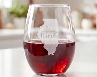 State of Illinois Engraved 15oz Stemless Wine Glass, Custom Engraved IL US State Wine Glasses with Personalized Option