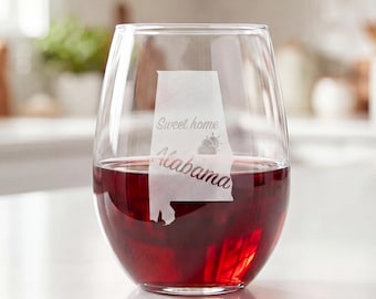 State of Alabama Engraved 15oz Stemless Wine Glass, Custom Engraved AL US State Wine Glasses with Personalized Option
