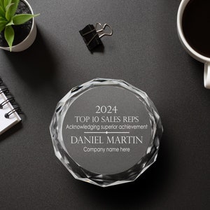 Ravanox Personalized 3&quot; Clear Round Crystal Paperweight, Custom Engraved Glass Paper Weight for Employee Appreciation, Recognition