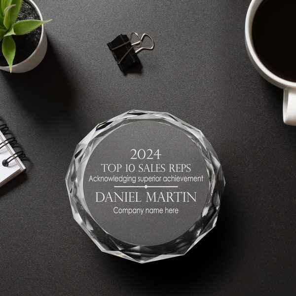 Personalized 3" Clear Round Crystal Paperweight Award with Text, Custom Engraved Glass Paperweight for Employee Appreciation, Recognition