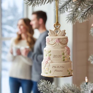May include: A three-tiered ceramic wedding cake ornament featuring pink floral accents, gold trim, and a heart-shaped topper. The ornament is inscribed with the year 2026 and the text Mr. & Mrs. Hanson, hanging from a gold cord on a pine branch.