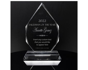 Personalized 11 Crystal Diamond Top Award Plaque on Black Base Award,  Custom Engraved Glass Plaque for Corporate Awards, Top Salesmen 