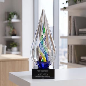 Personalized 10 3/4" Infinity Twist Art Glass Award, Custom Engraved Unique Colorful Glass Award Statue for Appreciation, Recognition