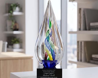 Personalized 10 3/4" Infinity Twist Art Glass Award, Custom Engraved Unique Colorful Glass Award Statue for Appreciation, Recognition
