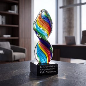 Personalized 10 1/2" Rainbow Twist Art Glass Award Statue, Custom Engraved Colorful Glass Sculpture for Appreciation, Recognition