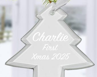 Adorno navideño de cristal personalizado de 7,6 x 7,6 cm para árbol de Navidad. Adornos navideños personalizados y grabados para familias y amigos (2026).