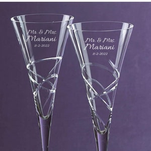 Lenox Bridal Personalized Adorn Wedding Champagne Flutes, Set of 2 Custom Engraved Crystal Champagne Glasses for Bride & Groom, Anniversary