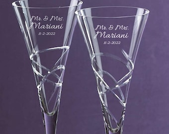 Lenox Bridal Personalized Adorn Wedding Champagne Flutes, Set of 2 Custom Engraved Crystal Champagne Glasses for Bride & Groom, Anniversary