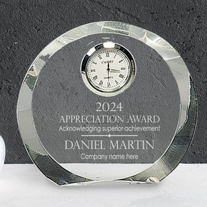 Ravanox Personalized 4 1/2" Round Crystal Desk Clock Award, Custom Engraved Glass Clock for Employee Appreciation, Recognition, Retirement