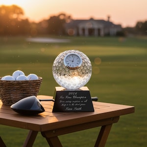 Ravanox Personalized 5" Clear Crystal Golf Ball Clock Award, Custom Engraved Glass Desk Clock for Golfers, Golf Trophy immagine 7