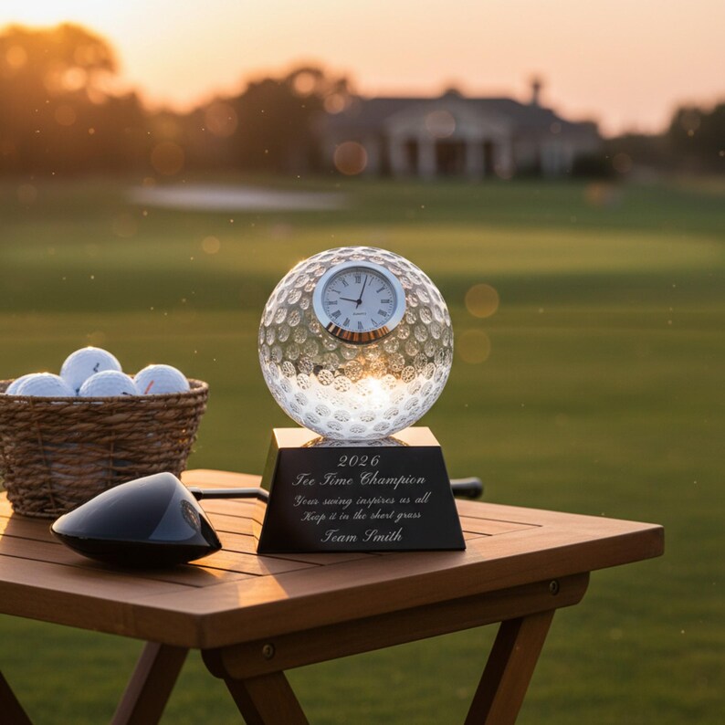 Ravanox Personalized 5" Clear Crystal Golf Ball Clock Award, Custom Engraved Glass Desk Clock for Golfers, Golf Trophy immagine 7