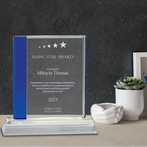 Personalized 7 1/4&quot; Blue Edge Crystal on Clear Base Award Plaque, Custom Engraved Glass Award for Employee Appreciation, Recognition