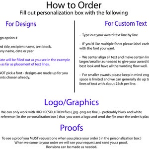 May include: How to Order: A guide for customizing award designs and text.  Instructions include design options, text formatting, and logo/graphics requirements.  It also mentions proofs and revisions.