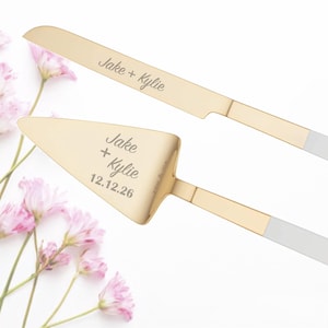 Kate Spade With Love Gold Personalized Wedding Cake Cutting Set, Custom Engraved Wedding Cake Knife and Server Set for Bride and Groom