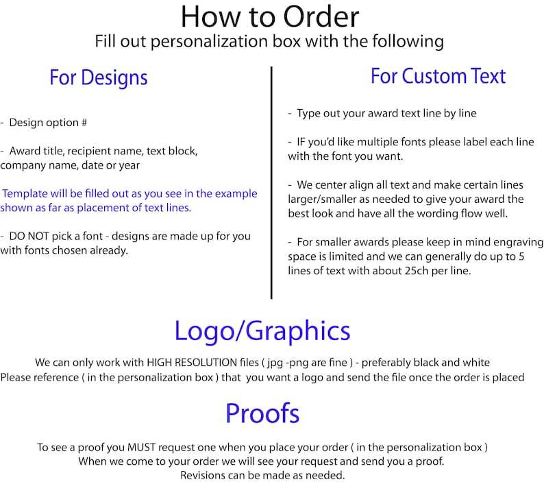 Puede incluir: Un gr&aacute;fico blanco con texto azul que detalla las instrucciones sobre c&oacute;mo pedir dise&ntilde;os personalizados. El texto se divide en secciones: "Para dise&ntilde;os", "Para texto personalizado", "Logotipo/Gr&aacute;ficos" y "Pruebas", proporcionando orientaci&oacute;n sobre la personalizaci&oacute;n.