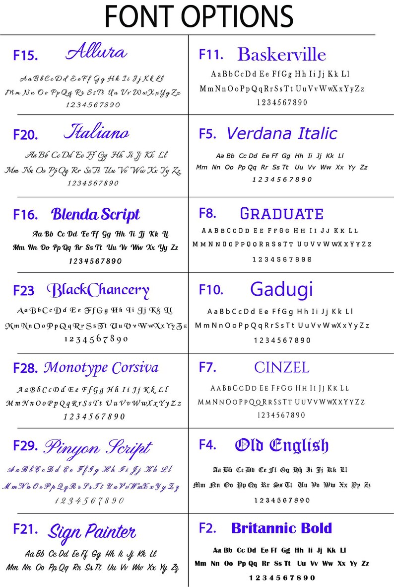 Puede incluir: Un gr&aacute;fico de diferentes opciones de fuente para un proyecto de dise&ntilde;o. El gr&aacute;fico muestra el nombre de cada fuente, una muestra de la fuente y las letras del alfabeto y los n&uacute;meros del 0 al 9 en esa fuente.