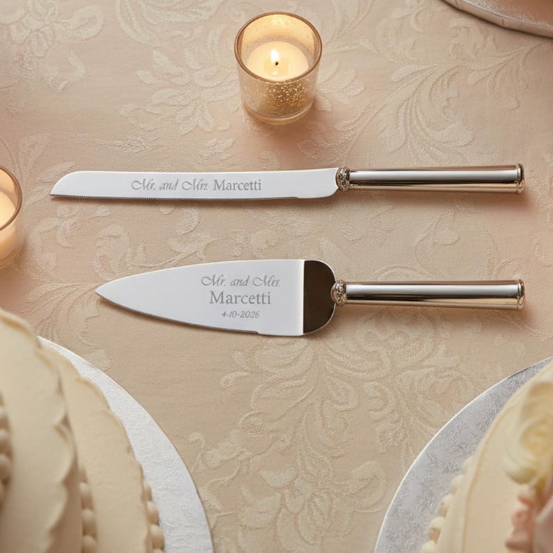 K&ouml;nnte beinhalten: Ein silberfarbenes Tortenmesser- und Tortenheber-Set mit polierten Metallgriffen. Die Messerklinge ist mit "Mr. and Mrs. Marcetti" graviert und der Tortenheber tr&auml;gt den Text "Mr. and Mrs. Marcetti" sowie das Datum "4-10-2026" in Schreibschrift.