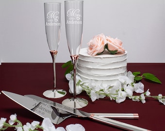 Kate Spade Rosy Glow Personalized Wedding Bundle with Engraved Wedding Cake Cutting Set and Wedding Champagne Flutes for Bride and Groom