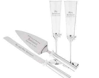 Kate Spade Grace Ave Personalized Wedding Bundle with Engraved Wedding Cake Cutting Set and Wedding Champagne Flutes for Bride and Groom