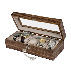 Mele & Co Laramie Personalized Locking Glass Top Wooden Watch Box / Custom Engraved Mens Organizer for Watches, Jewelry, Accessories