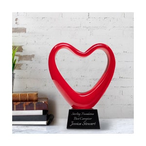 Personalized Red Glass Heart Award, Custom Engraved 6 1/2&quot; Glass Heart Statue for Appreciation, Gratitude, Support, Love